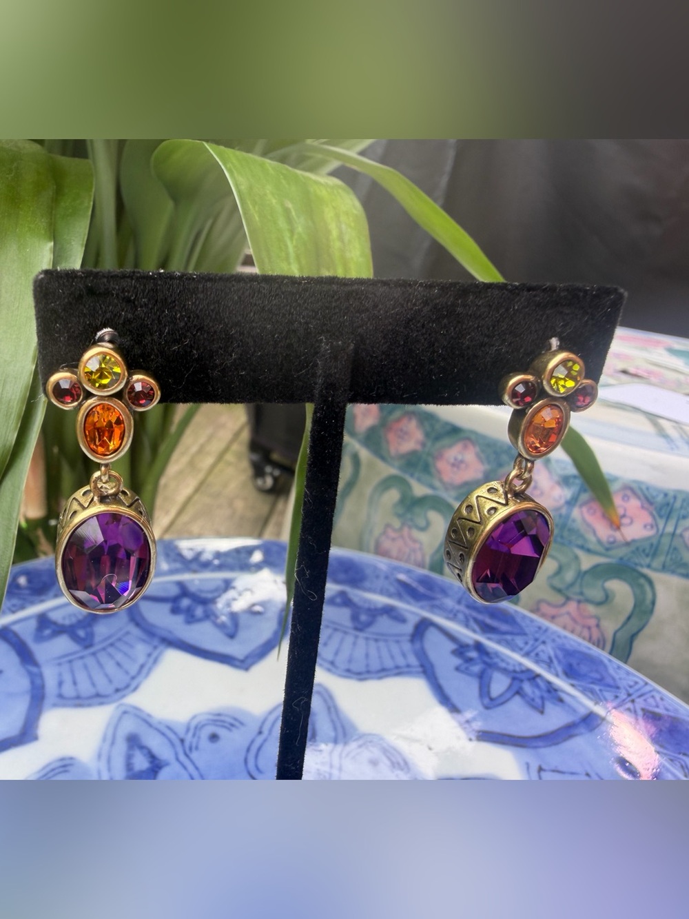 Heidi Daus "Double Play" Crystal Drop Earrings - Purple, Orange and Lime Green - Picture 3 of 6
